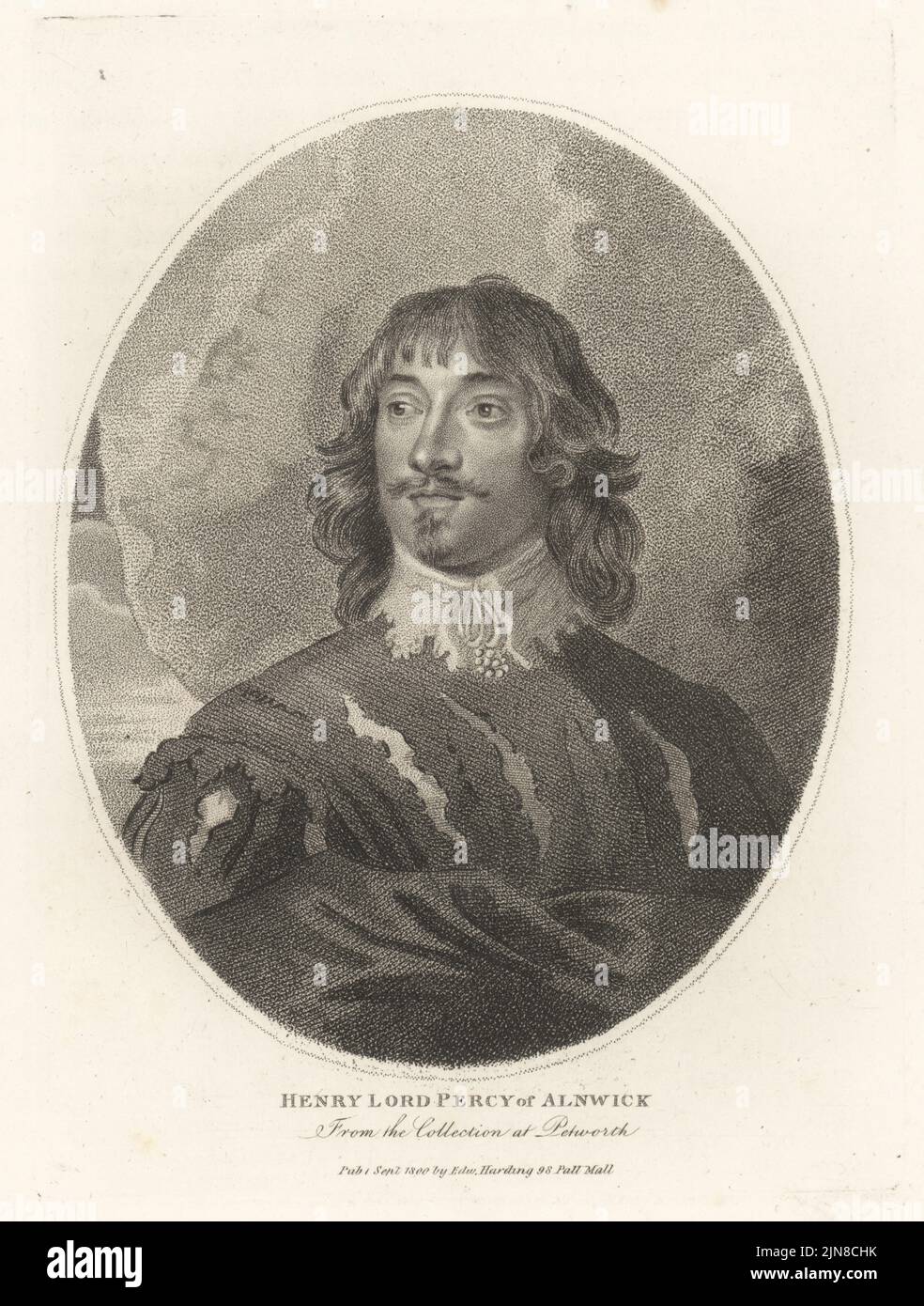 Henry Percy, Baron Percy of Alnwick, died 1659. Sat in the Short Parliament as the member for Portsmouth and in the Long Parliament as MP for Northumberland. In van Dyke beard, lace collar, doublet, with cloak. From the collection at Petworth House. Henry, Lord Percy of Alnwick. Copperplate engraving by Edward Harding from John Adolphus’ The British Cabinet, containing Portraits of Illustrious Personages, printed by T. Bensley for E. Harding, 98 Pall Mall, London, 1799. Stock Photo