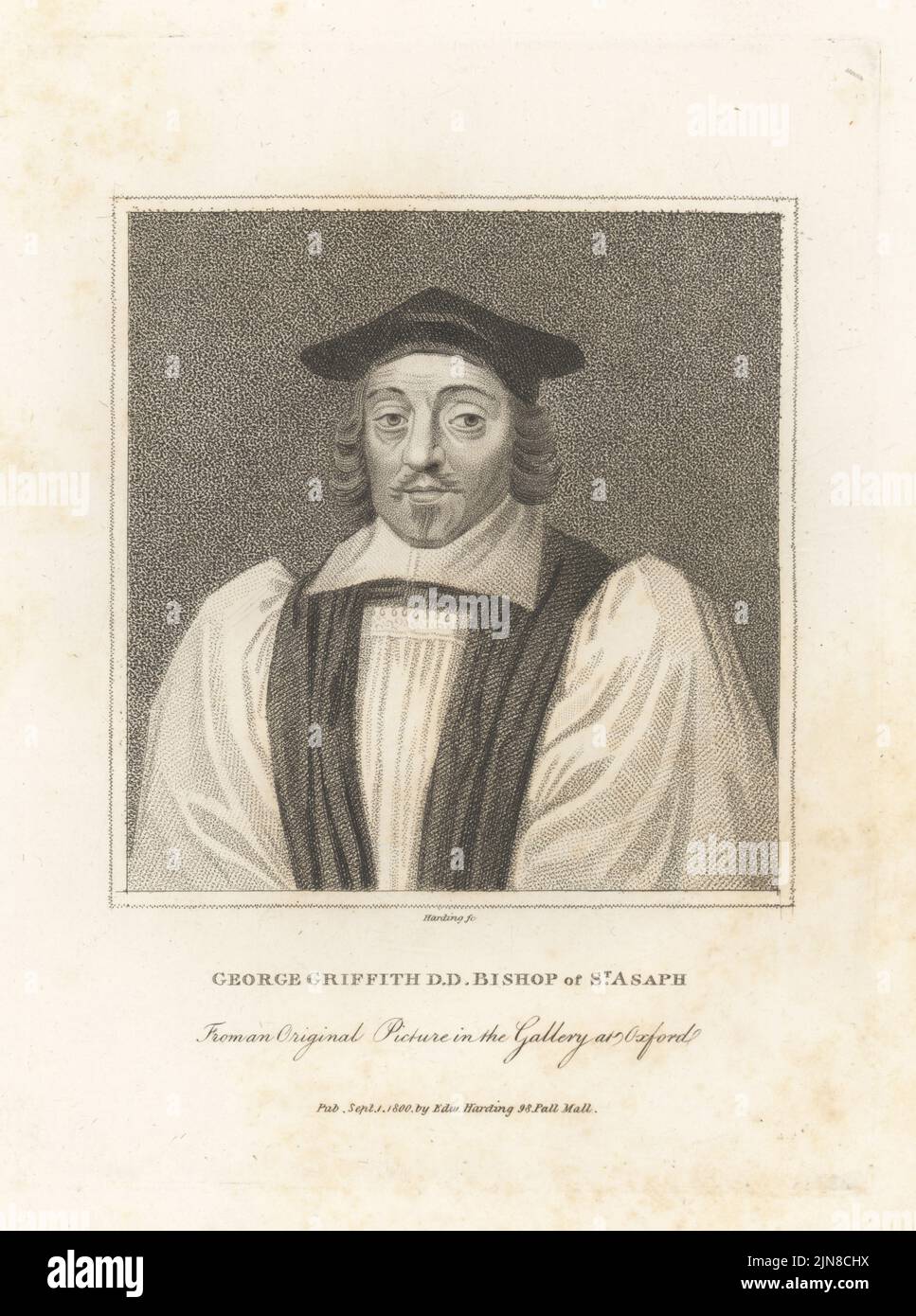 George Griffith, Bishop of St. Asaph, 1601-1666. Welsh academic educated at Westminster School, later tutor and preacher at Christ Church, Oxford. In cap, ecclesiastical robes. From a painting in the university. Copperplate engraving by Edward Harding from John Adolphus’ The British Cabinet, containing Portraits of Illustrious Personages, printed by T. Bensley for E. Harding, 98 Pall Mall, London, 1799. Stock Photo