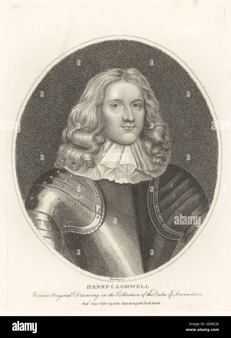 Henry Cromwell, English statesman, 4th son of Oliver Cromwell, important figure in the Parliamentarian regime in Ireland, 1628-1674. In white collar and suit of plate armour. From an original drawing in the collection of the Duke of Devonshire. Copperplate engraving by Edward Harding from John Adolphus’ The British Cabinet, containing Portraits of Illustrious Personages, printed by T. Bensley for E. Harding, 98 Pall Mall, London, 1799. Stock Photo