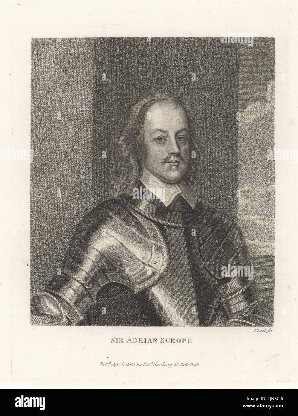 Colonel Adrian Scrope, Parliamentarian soldier during the English Civil War and signatory of the death warrant for King Charles I in January 1649. Sir Adrian Scrope. In plain collar and suit of plate armour. Copperplate engraving by Platt from John Adolphus’ The British Cabinet, containing Portraits of Illustrious Personages, printed by T. Bensley for E. Harding, 98 Pall Mall, London, 1799. Stock Photo