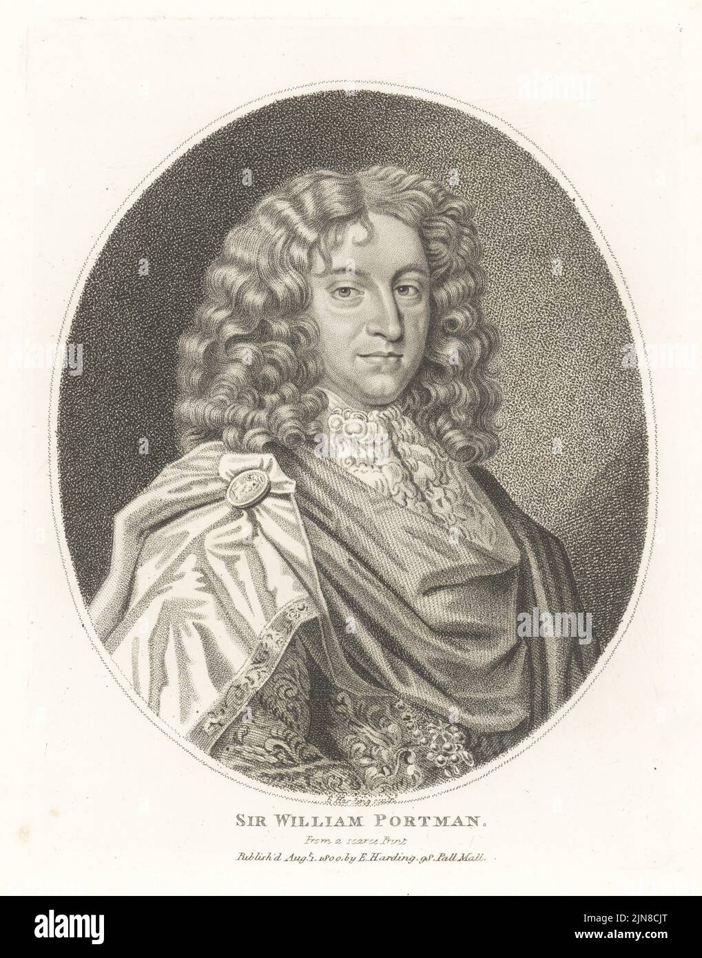 Sir William Portman, 6th Baronet, politician, Knight of the Bath, MP for Taunton and Somerset for the Cavalier Parliament, 1643-1690. In wig, richly embroidered coat with cloak fastened on the shoulder with a brooch.. From a scarce print. Copperplate engraving by Edward Harding from John Adolphus’ The British Cabinet, containing Portraits of Illustrious Personages, printed by T. Bensley for E. Harding, 98 Pall Mall, London, 1800. Stock Photo