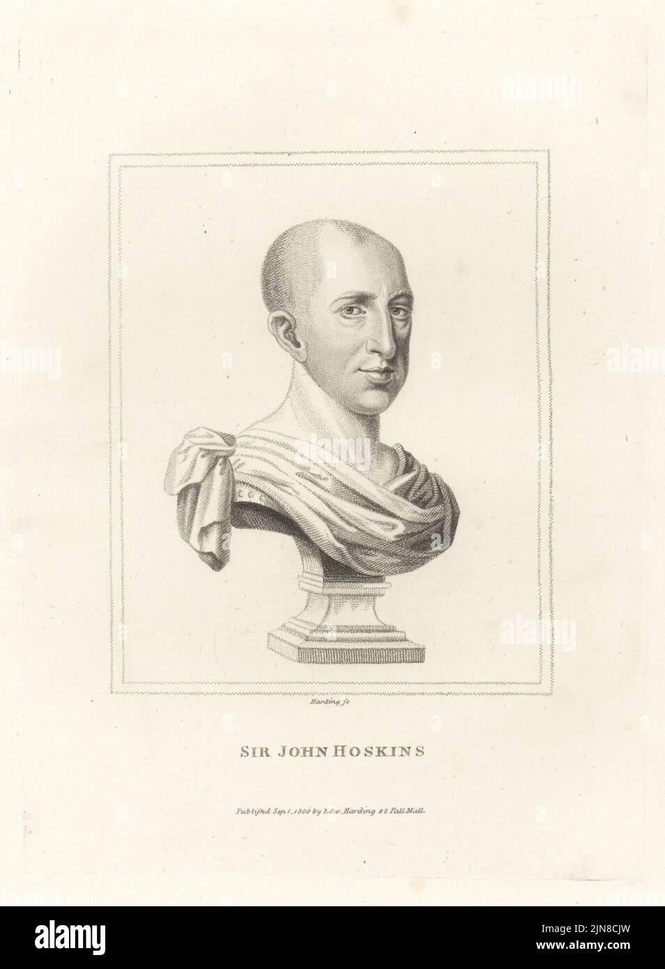 Sir John Hoskins, 2nd Baronet, English lawyer, Master in Chancery and founder and President of the Royal Society, 1634-1705. From a bust by unknown sculptor. Copperplate engraving by Edward Harding from John Adolphus’ The British Cabinet, containing Portraits of Illustrious Personages, printed by T. Bensley for E. Harding, 98 Pall Mall, London, 1800. Stock Photo
