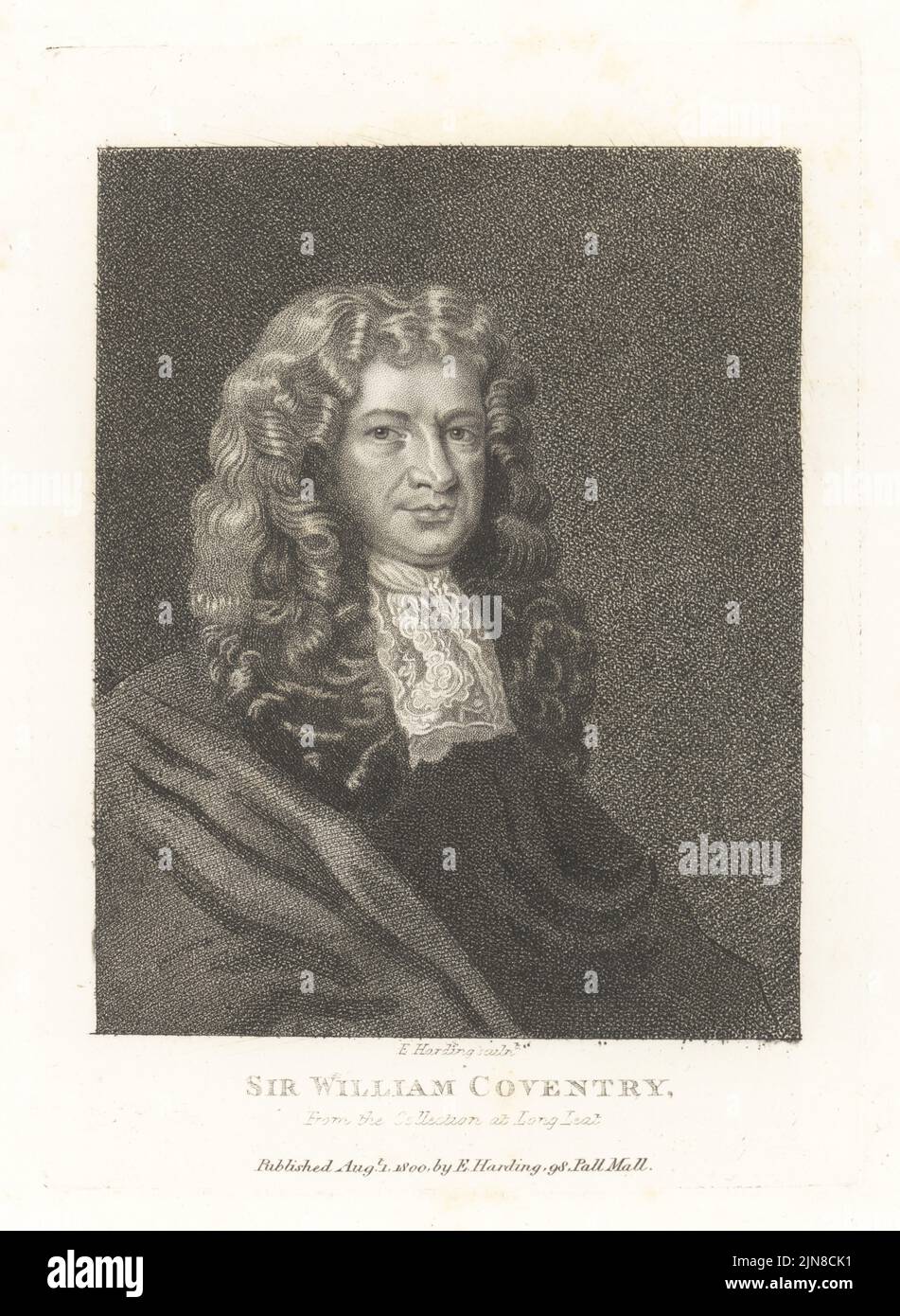 Sir William Coventry, English statesman, MP, Doctor of Law at Oxford, Privy Councillor, commissioner of the Treasury, c.1628-1686. In luxuriant wig, lace collar and cloak. From the collection at Long Leat. Copperplate engraving by Edward Harding after Mary Beale from John Adolphus’ The British Cabinet, containing Portraits of Illustrious Personages, printed by T. Bensley for E. Harding, 98 Pall Mall, London, 1800. Stock Photo