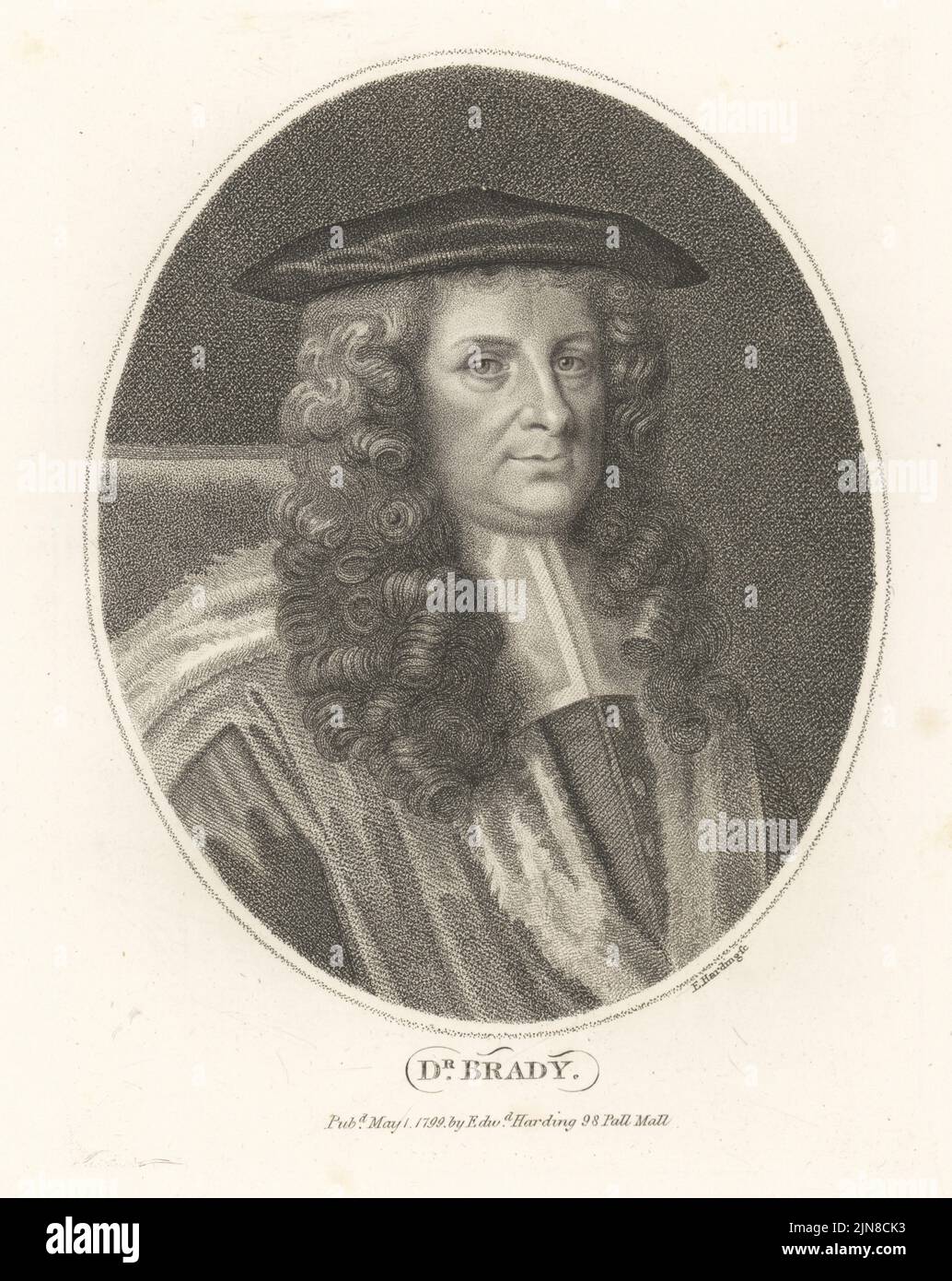 Dr. Robert Brady, English physician and historian, educated at Caius College, Cambridge University, 1627-1700. Physician in ordinary to King James II. In wig and velvet cap and academic ceremonial robes. Dr Brady. Copperplate engraving by Edward Harding from John Adolphus’ The British Cabinet, containing Portraits of Illustrious Personages, printed by T. Bensley for E. Harding, 98 Pall Mall, London, 1799. Stock Photo