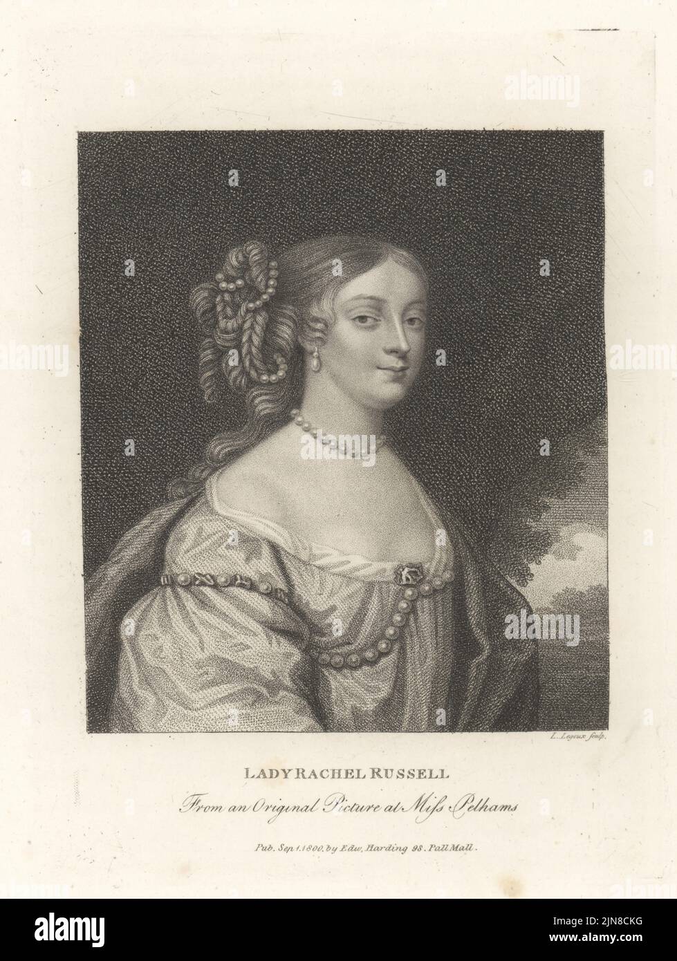 Rachel, Lady Russell, English noblewoman, heiress, and author c. 1636-1723, Her second husband William, Lord Russell, was implicated in the Rye House Plot and executed in 1683. With pearls in her hair, low-cut gown. Lady Rachel Russell. After an original picture at Miss Pelhams. Copperplate engraving by Louis Legoux from John Adolphus’ The British Cabinet, containing Portraits of Illustrious Personages, printed by T. Bensley for E. Harding, 98 Pall Mall, London, 1800. Stock Photo