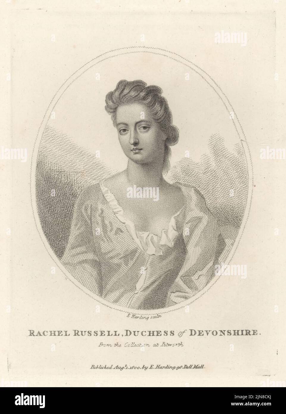 Rachel Russell, Duchess of Devonshire, 1674-1725. Eldest daughter of William Russell, Lord Russell, and Lady Rachel Wriothesley, cousin of Petworth’s owner, Lady Elizabeth Percy. One of the Petworth Beauties in the collection at Petworth House, West Sussex. Copperplate engraving by Edward Harding after Michael Dahl from John Adolphus’ The British Cabinet, containing Portraits of Illustrious Personages, printed by T. Bensley for E. Harding, 98 Pall Mall, London, 1800. Stock Photo