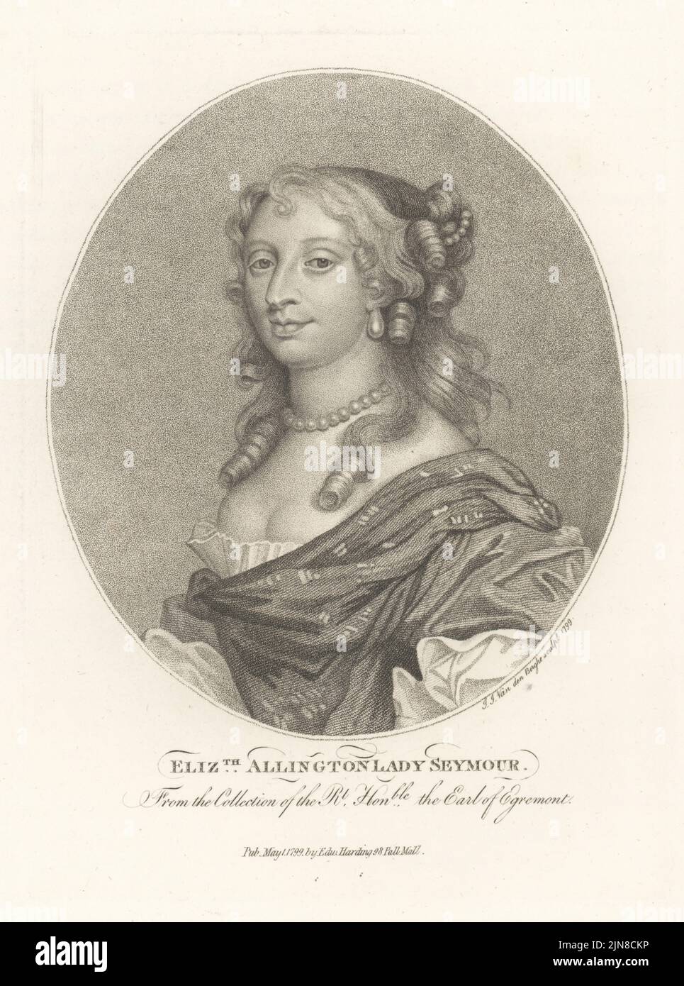 Elizabeth Allington, Lady Seymour, c.1632-1691. Married Charles Seymour, 2nd Baron Seymour of Trowbridge, in 1654. Hair in ringlets with pearls, pearl choker, low-cut gown. One of the Petworth Beauties in Petworth House, West Sussex. Copperplate engraving by  Ignatius Joseph van den Berghe after Sir Peter Lely from John Adolphus’ The British Cabinet, containing Portraits of Illustrious Personages, printed by T. Bensley for E. Harding, 98 Pall Mall, London, 1800. Stock Photo