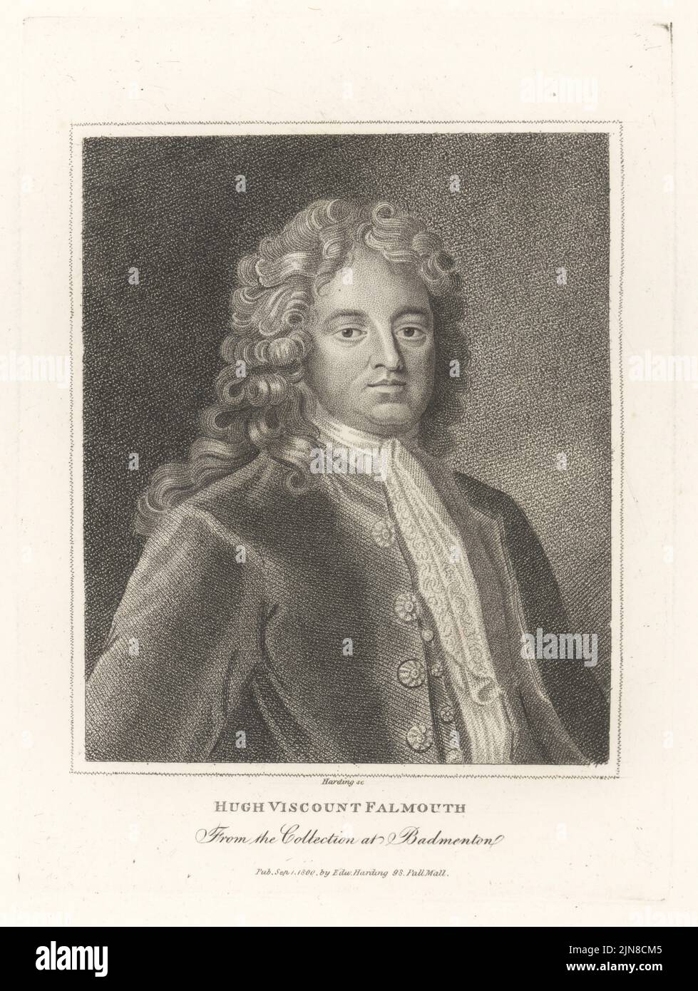 Hugh Boscawen, 1st Viscount Falmouth, English Whig politician, Comptroller to the household of King George I. 1678-1734. Hugh, Viscount Falmouth. In wig, cravat and coat. From the collection ot Badminton. Copperplate engraving by Edward Harding from John Adolphus’ The British Cabinet, containing Portraits of Illustrious Personages, printed by T. Bensley for E. Harding, 98 Pall Mall, London, 1800. Stock Photo