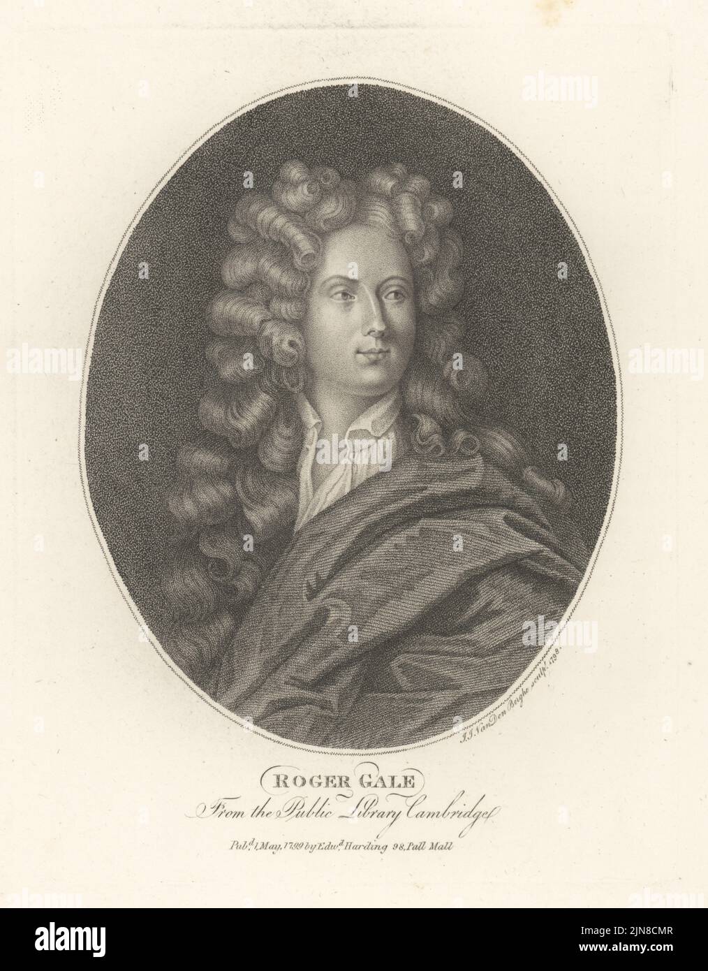 Roger Gale, English antiquary and historian, 1672-1744. Educated at Trinity College, Cambridge, VP of the Society of Antiquaries, Treasurer of the Royal Society. In powdered wig, cloak and linen shirt. Copperplate engraving by Ignatius Joseph van den Berghe from John Adolphus’ The British Cabinet, containing Portraits of Illustrious Personages, printed by T. Bensley for E. Harding, 98 Pall Mall, London, 1800. Stock Photo