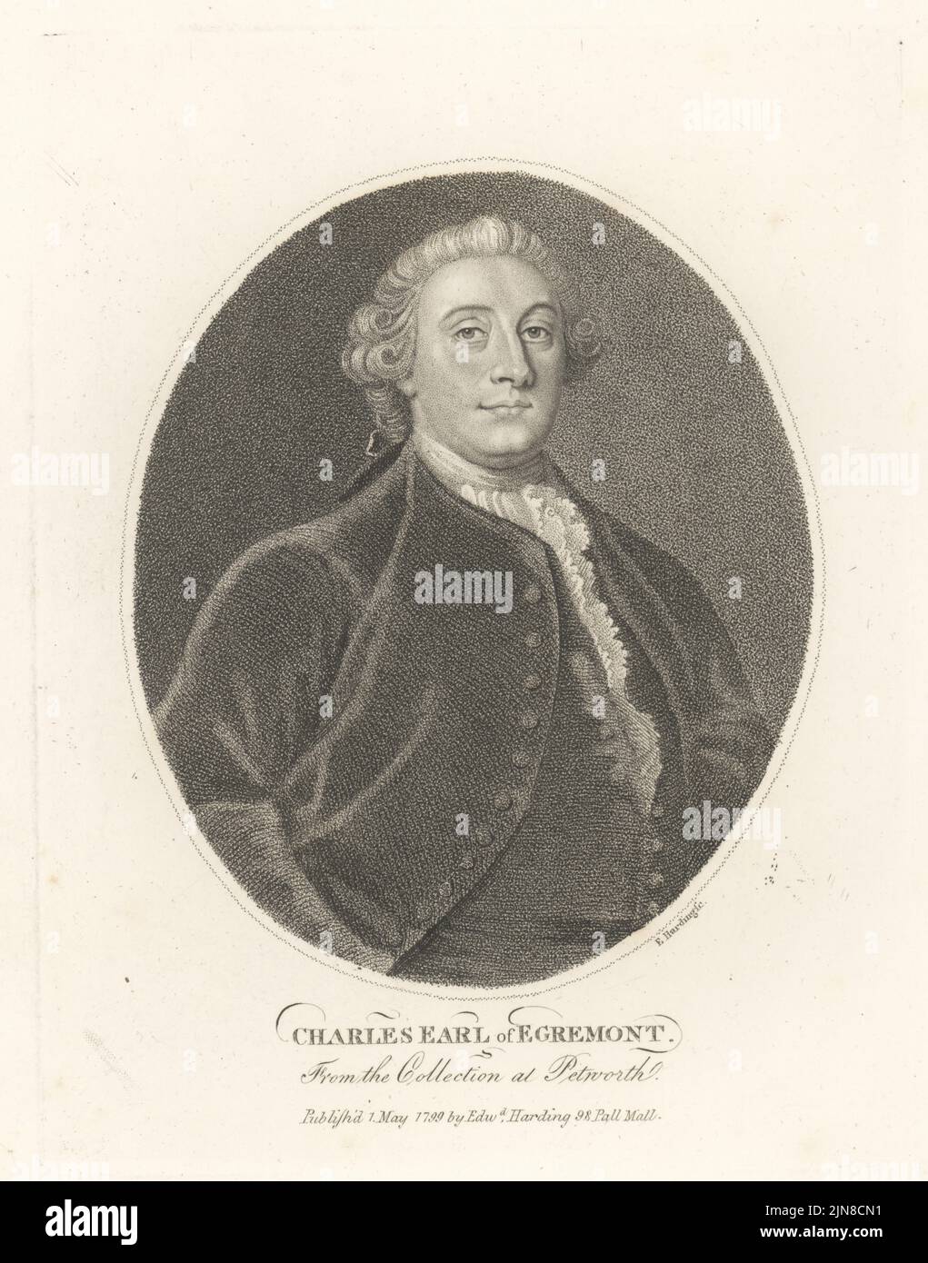 Charles Wyndham, 2nd Earl of Egremont, 1710-1763. British statesman, MP, and later Secretary of State. Charles, Earl of Egremont. From a painting in the collection at Petworth House. Copperplate engraving by Edward Harding after William Hoare from John Adolphus’ The British Cabinet, containing Portraits of Illustrious Personages, printed by T. Bensley for E. Harding, 98 Pall Mall, London, 1800. Stock Photo