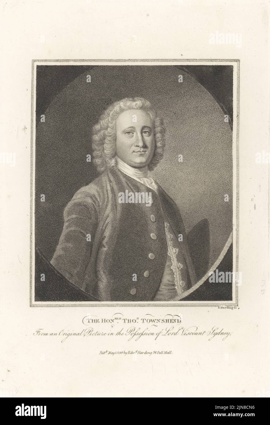 Thomas Townshend, British Whig politician and scholar, 1701-1780. Educated at Eton and King's College, Cambridge. MP for Winchelsea. Father of Thomas Townshend, 1st Viscount Sydney. The Honourable Thos. Townshend. Copperplate engraving by Edward Harding from John Adolphus’ The British Cabinet, containing Portraits of Illustrious Personages, printed by T. Bensley for E. Harding, 98 Pall Mall, London, 1800. Stock Photo