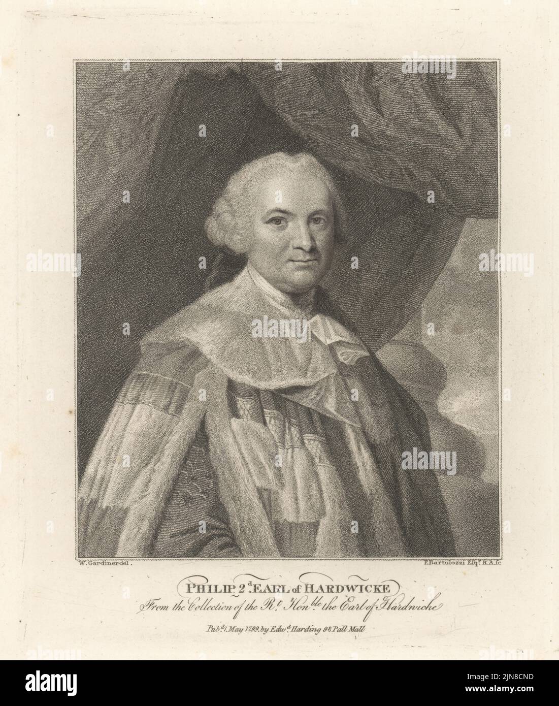 Philip Yorke, 2nd Earl Hardwicke, 1720-1790. Classical scholar and historian. In the parliamentary ceremonial robes of an earl. Philip, 2nd Earl of Hardwicke. Copperplate engraving by Francesco Bartolozzi after William Nelson Gardiner from John Adolphus’ The British Cabinet, containing Portraits of Illustrious Personages, printed by T. Bensley for E. Harding, 98 Pall Mall, London, 1800. Stock Photo