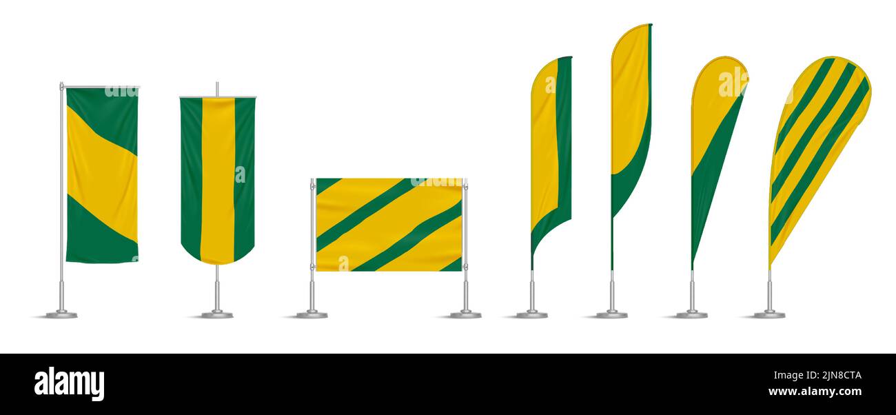 Green and yellow vinyl flags and set banners on pole. Vector realistic ...