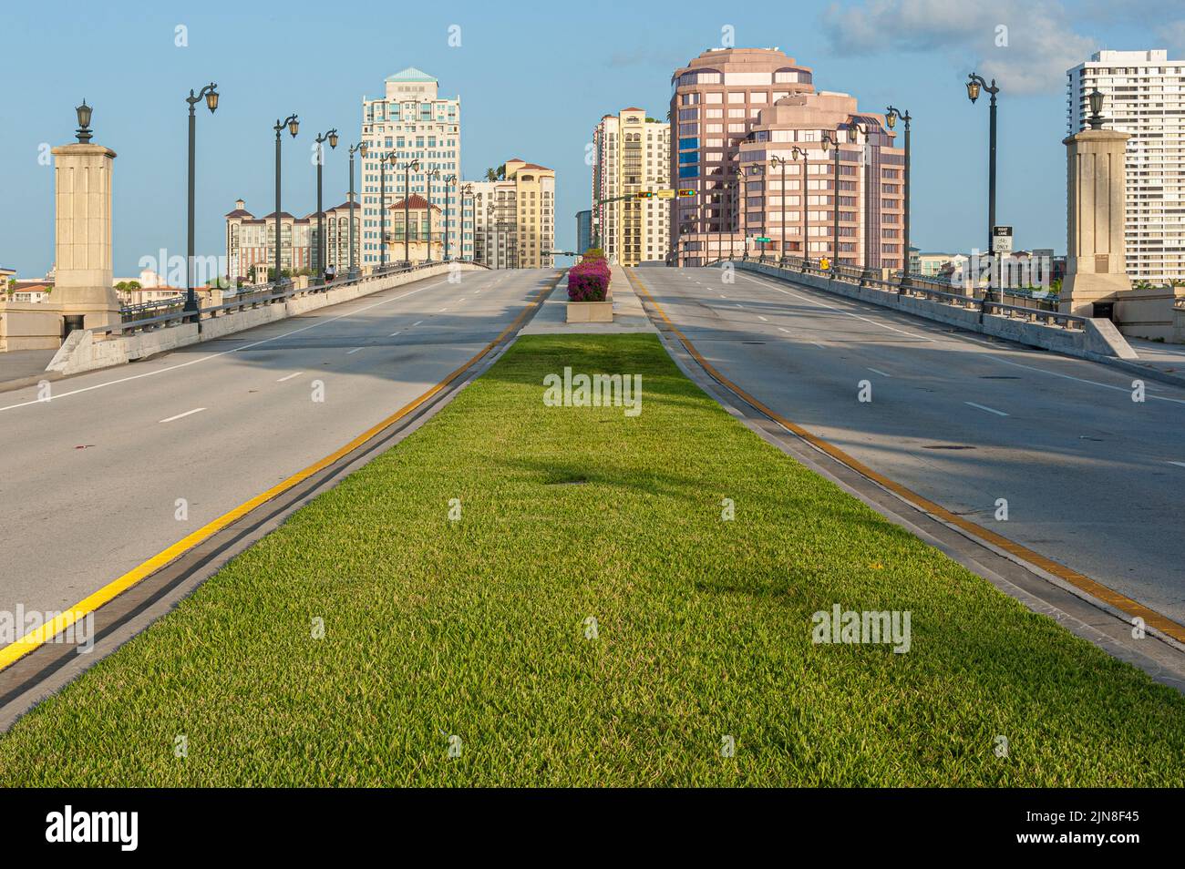 View of West Palm Beach from Palm Beach across the Royal Park Bridge, a bascule bridge spanning the Florida Intracoastal Waterway. (USA) Stock Photo