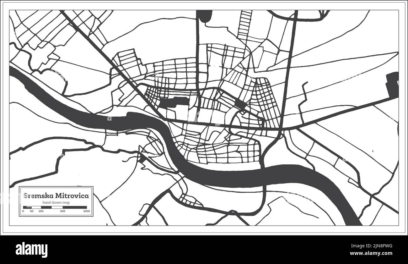 Sremska Mitrovica Serbia City Map in Black and White Color in Retro Style Isolated on White. Outline Map. Vector Illustration. Stock Vector