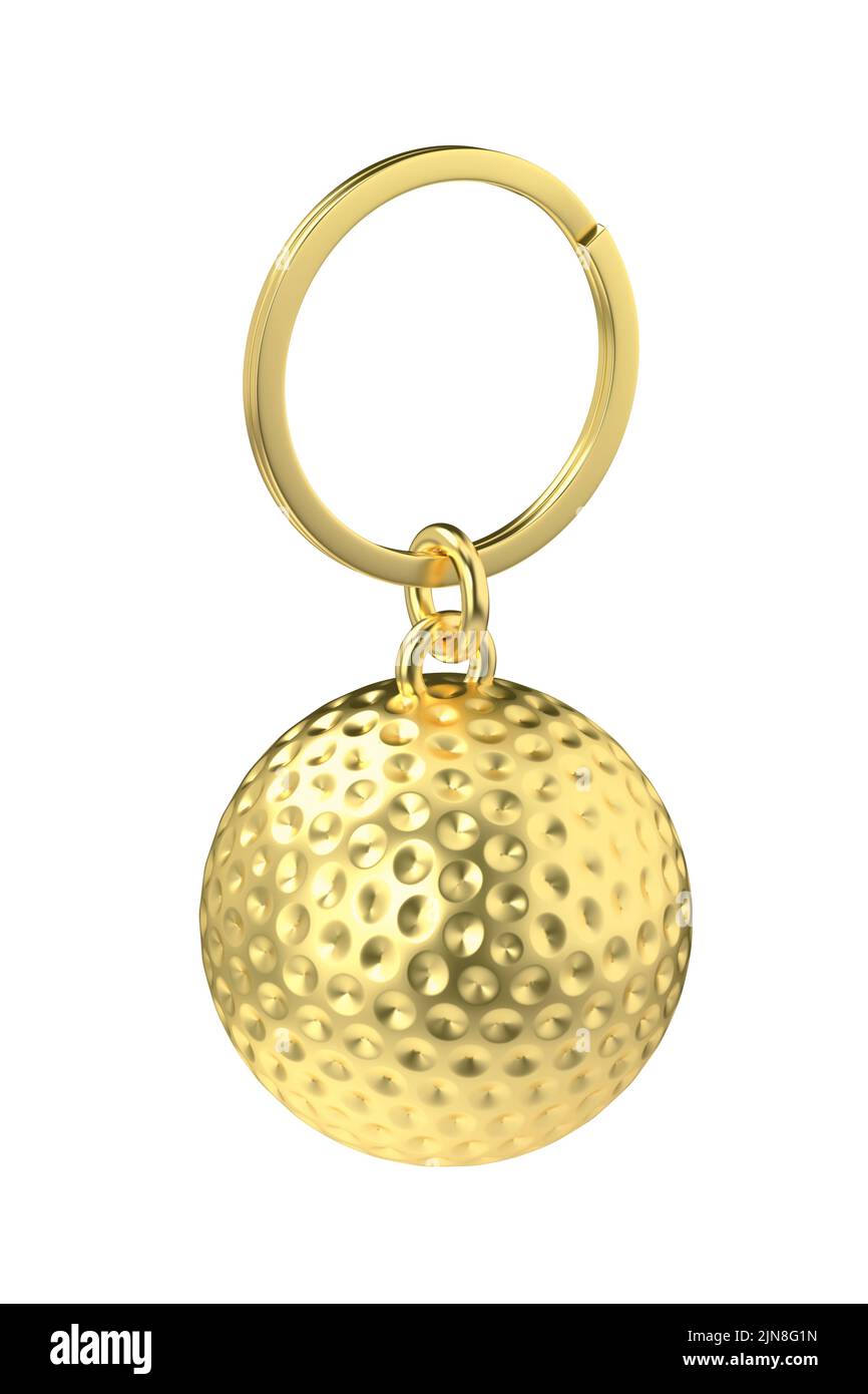 Gold keychain with golf ball isolated on white background Stock Photo