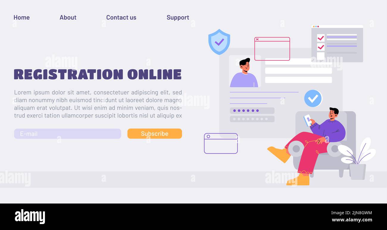 Online registration and sign up landing page. Man signing up to