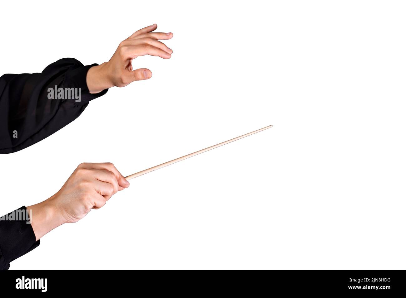 Female conductor conducting a symphony with her baton on a white