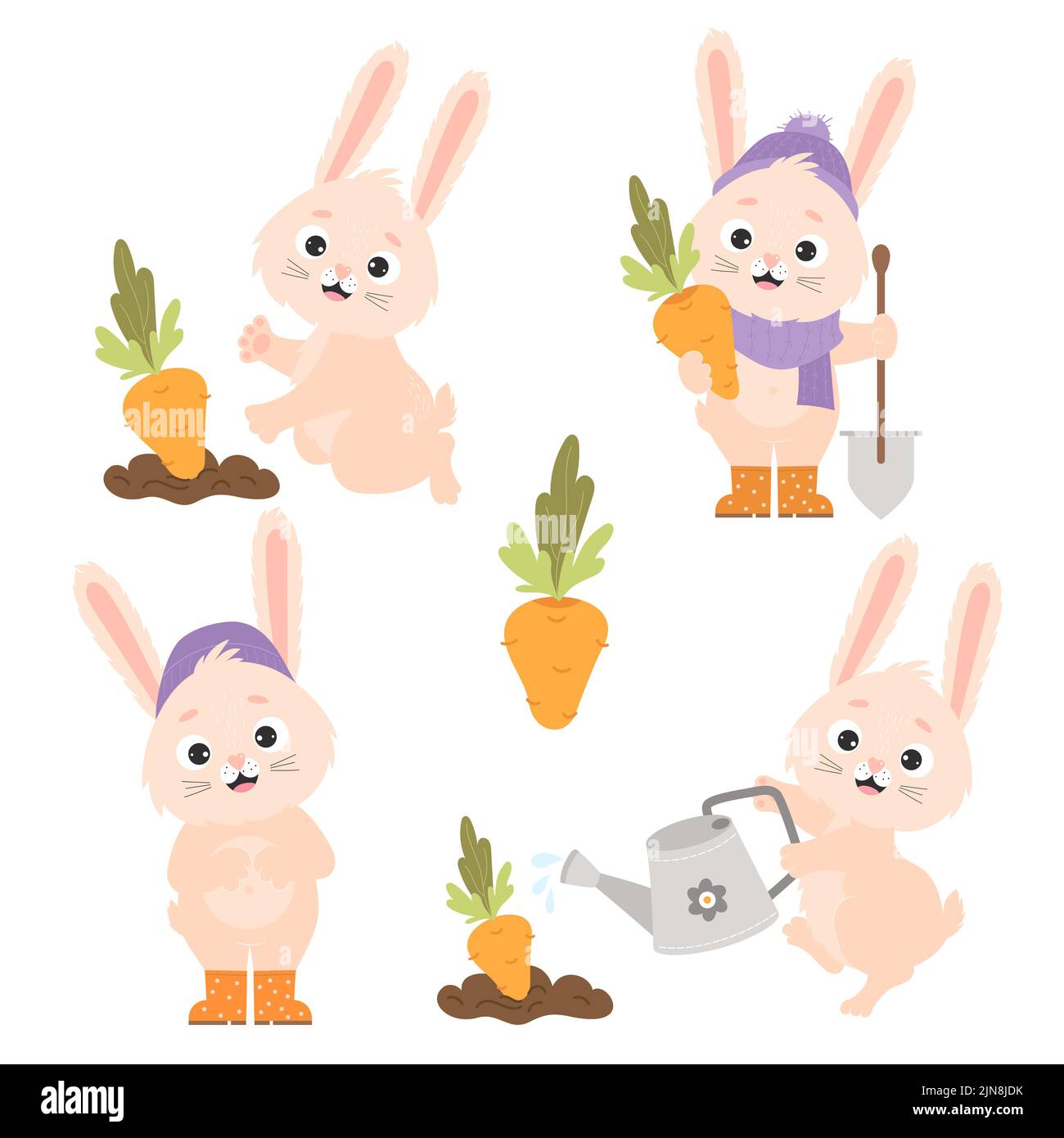 Collection cartoon funny rabbits and carrots. Cute bunny farmer waters carrots from watering can in garden bed, harvests and stands with shovel. Vecto Stock Vector