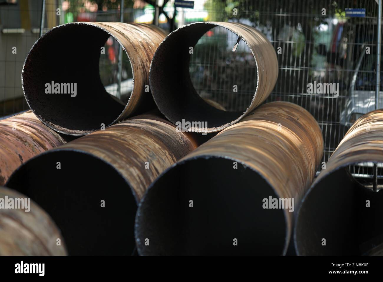 Bucharest, Romania - August 3, 2022: Pipes on a construction site to repair a RADET (Termoenergetica) pipeline in Bucharest. Stock Photo