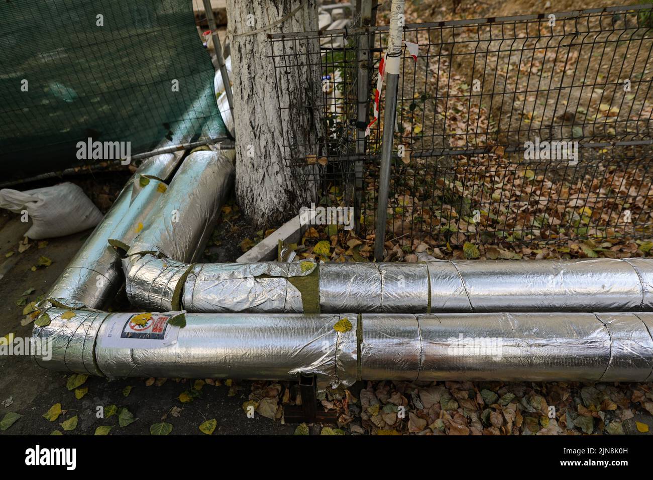 Bucharest, Romania - August 3, 2022: Pipes on a construction site to repair a RADET (Termoenergetica) pipeline in Bucharest. Stock Photo
