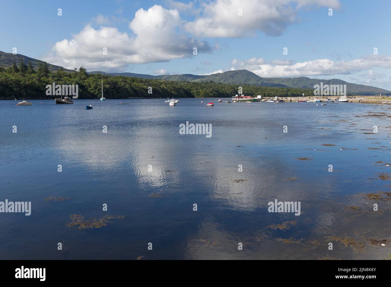 Small boats and ships in a lake surrounded by greenery under a cloudy