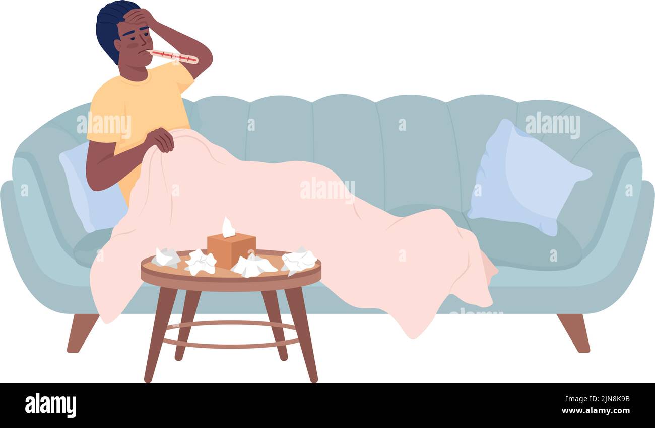 Man with high temperature resting on sofa semi flat color vector character Stock Vector