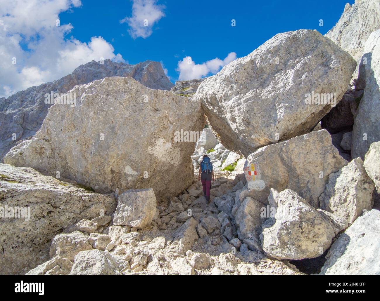 Gran Sasso (Italy) - The extreme trekking to Vetta Orientale of Corno Grande, 2902 meters in Abruzzo region, with Ferrata Ricci, glacier of Calderone Stock Photo