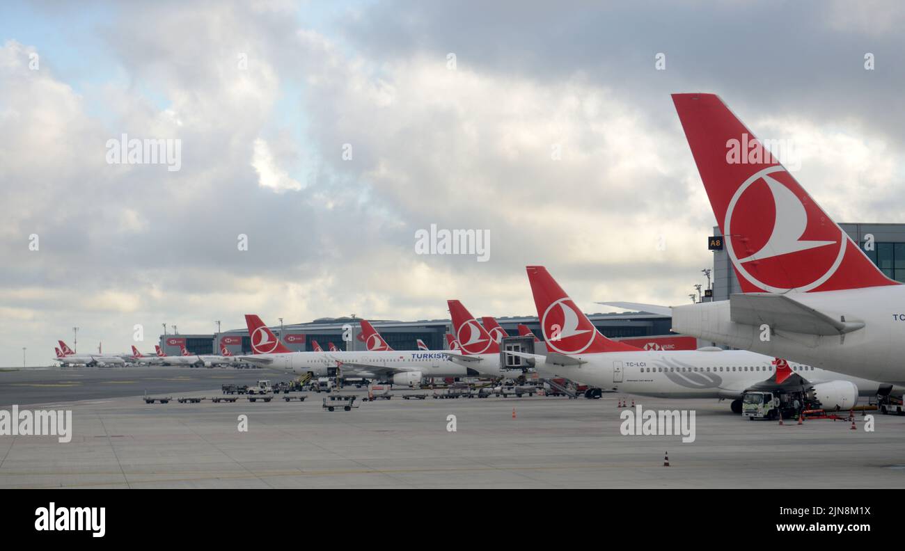 Turkish Airlines airplanes at Istanbul International AIrport. Stock Photo