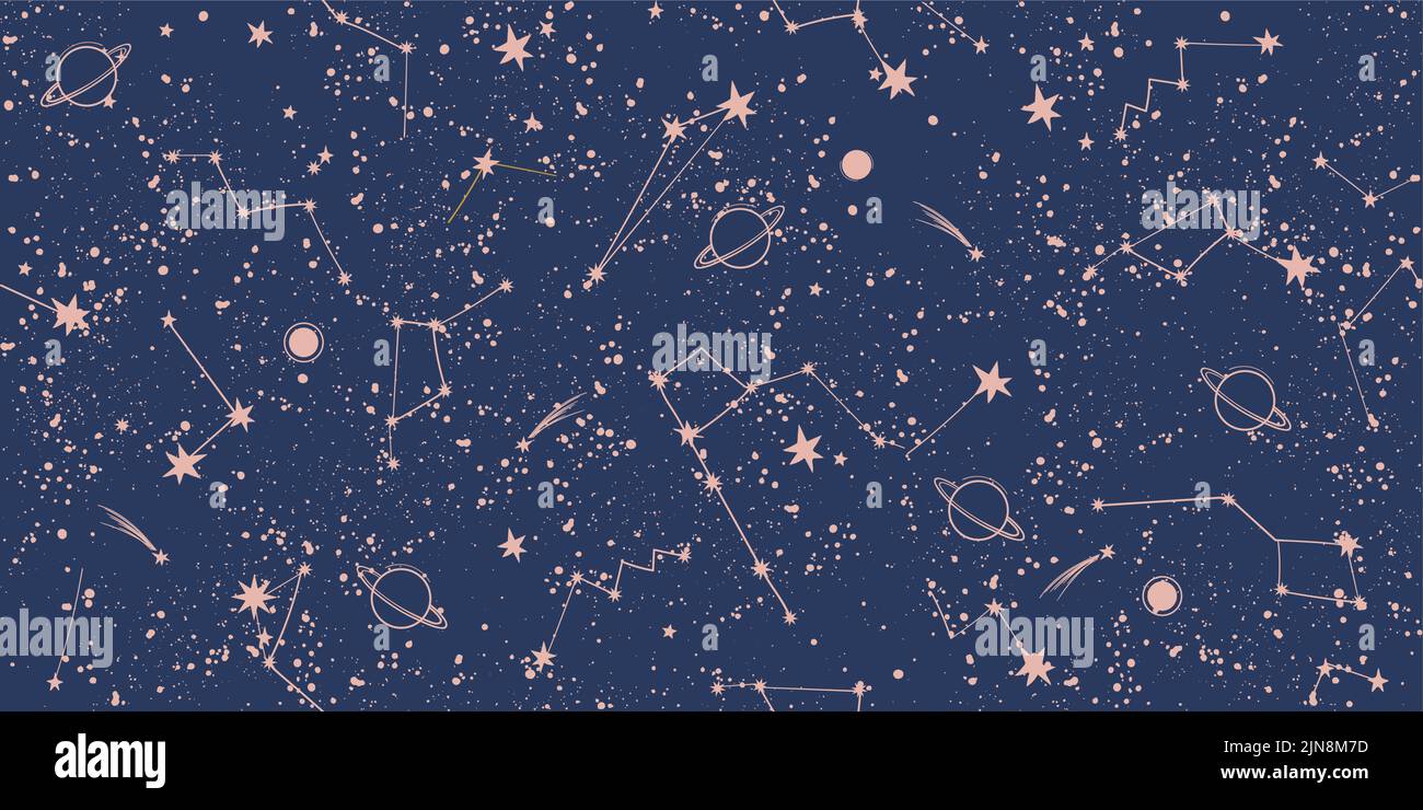 Blue night sky with constellations seamless pattern for tarot. Pattern for astrology, natal chart, yoga. Boho banner with place for text, vector card Stock Vector