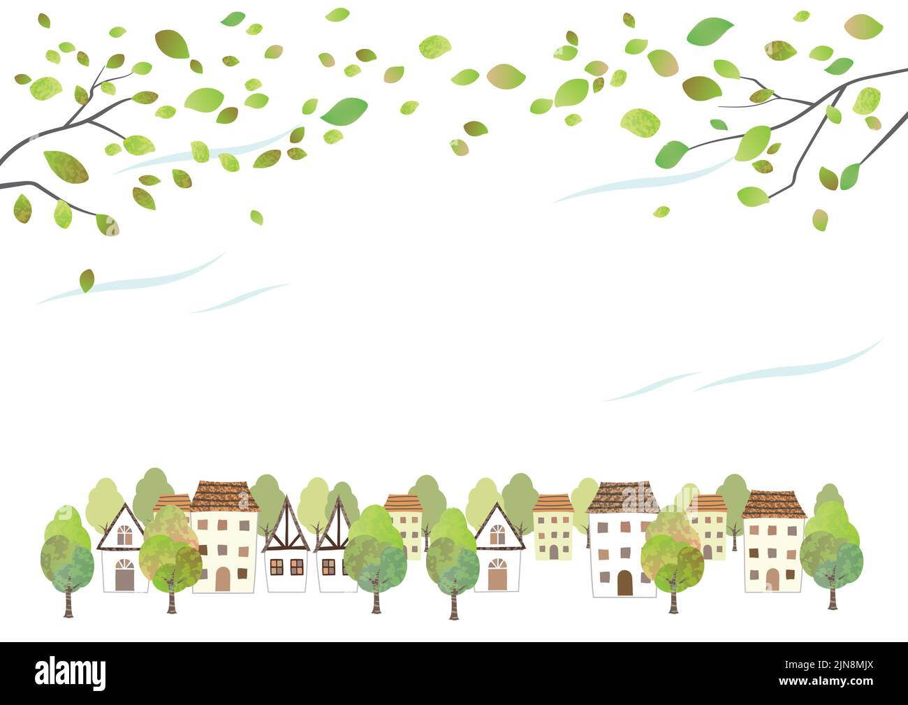Idyllic Watercolor Townscape With Young Leaves Isolated On A White Background. Vector Illustration With Text Space. Stock Vector
