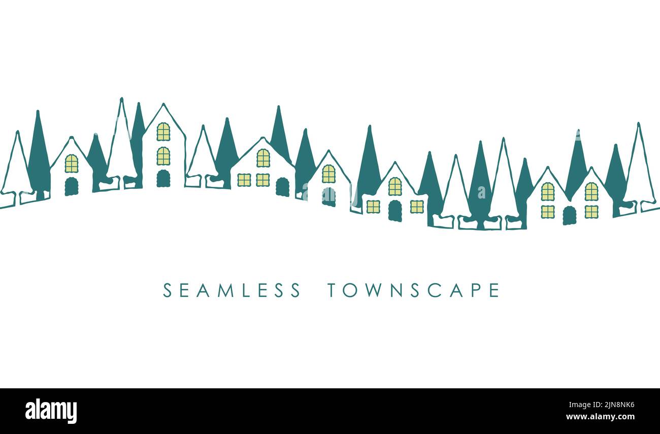 Seamless Townscape Drawing With Text Space Isolated On A White Background. Vector Illustration. Horizontally Repeatable. Stock Vector