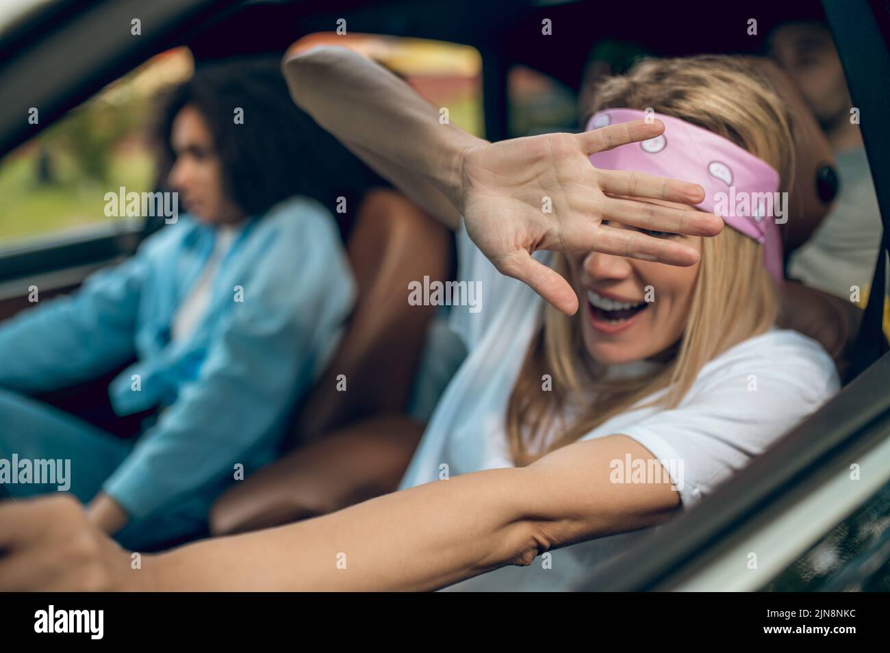 Girls in the car having car accident and looking scared Stock Photo Alamy
