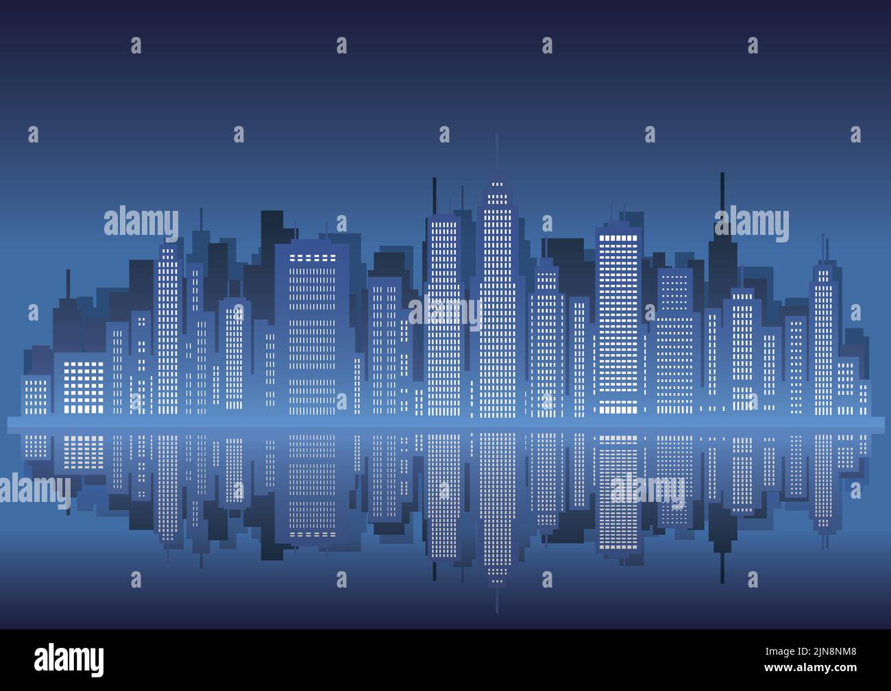 Cityscape At Night With Skyscrapers Reflected On Water. Vector ...