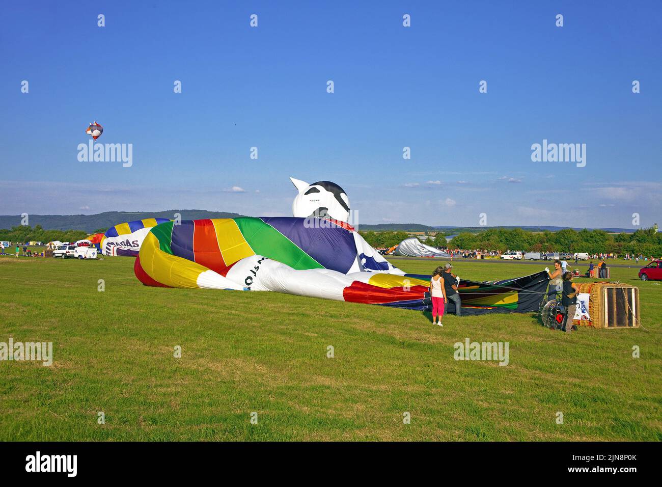 Preparation of Hot-air balloons for flight, Mosel-Ballon-Festival at the airport of Trier-Foehren, Rhineland-Palatinate, Germany, Europe Stock Photo