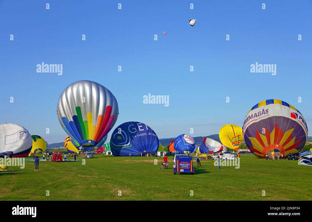 Preparation of Hot-air balloons for flight, Mosel-Ballon-Festival at the airport of Trier-Foehren, Rhineland-Palatinate, Germany, Europe Stock Photo