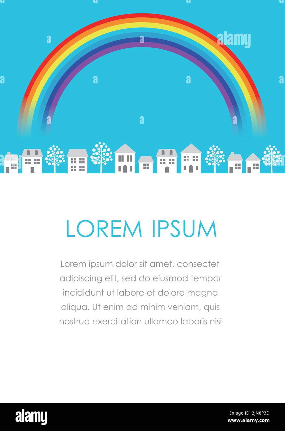 Vector Townscape Illustration With A Rainbow And Text Space. Stock Vector