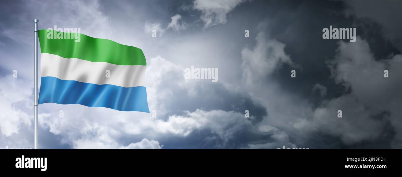Sierra Leone flag on a cloudy sky, three dimensional render Stock Photo ...
