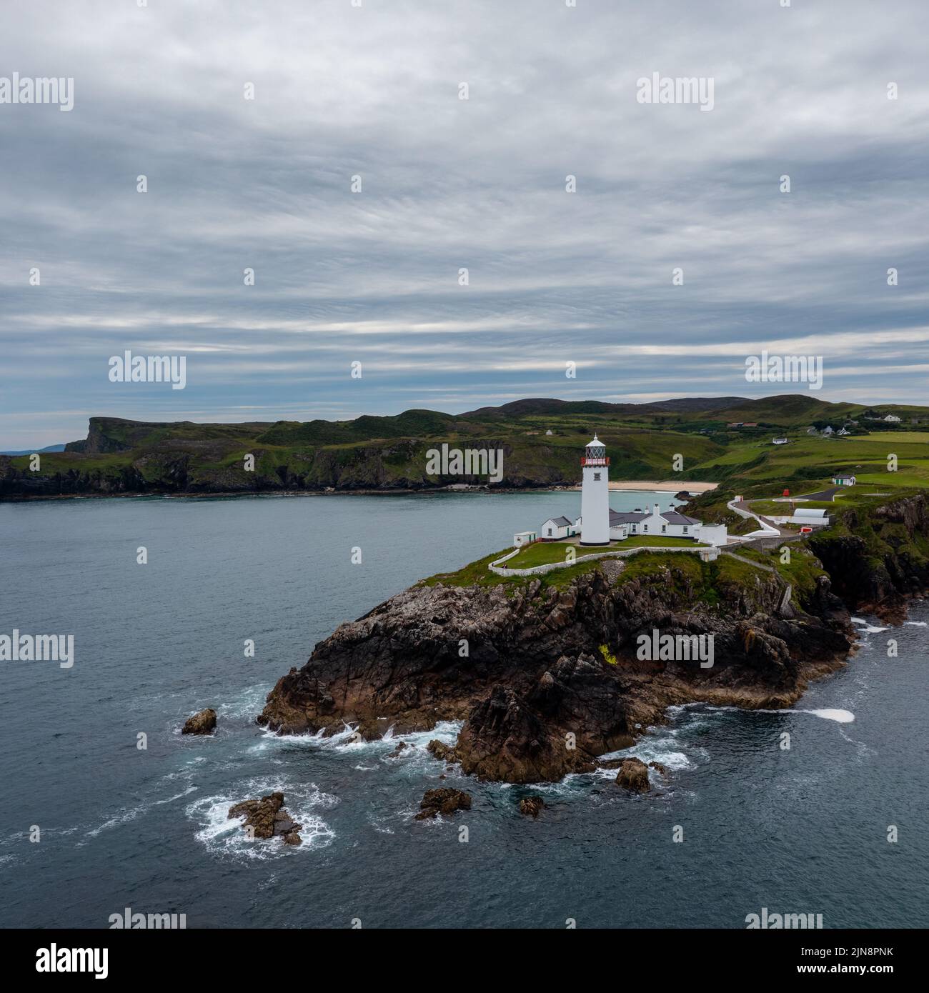 A drone landscape view of Fanad Head Lighthouse and Peninsula on the northern coast of Ireland Stock Photo