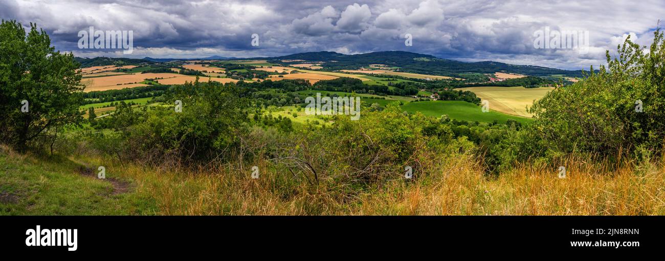 Fertile country and beautiful summer panorama landscape from historical hill Zebin near city Jicin, Czech republic. Stock Photo
