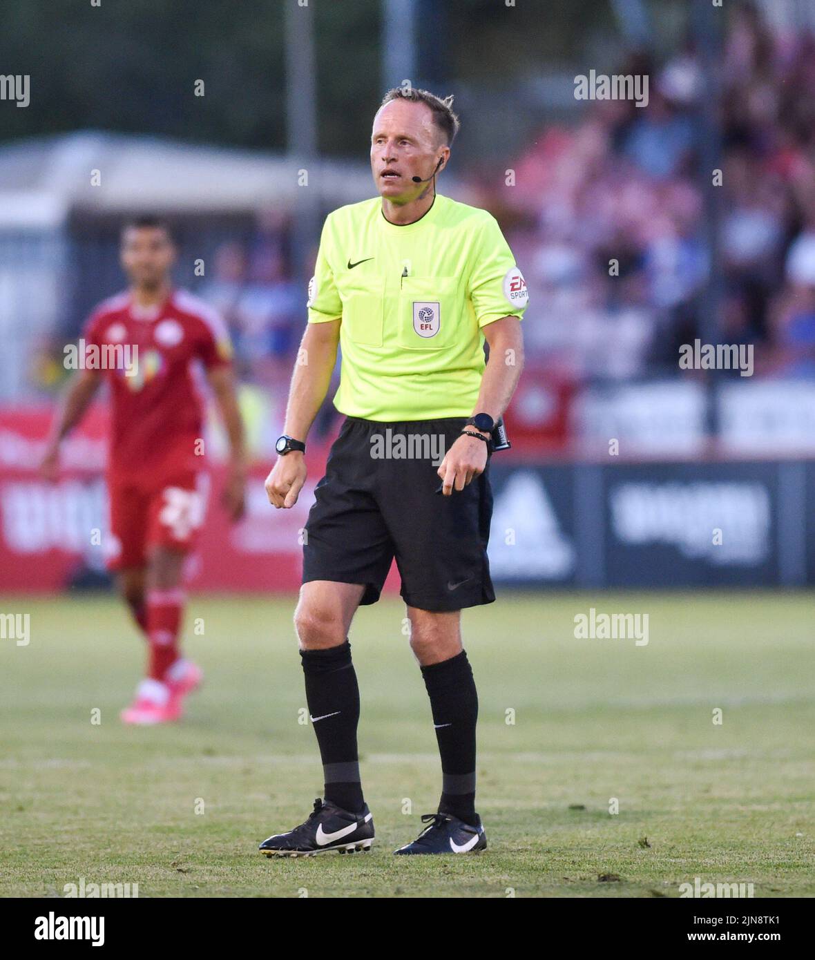 Referee David Rock during the EFL Carabao Cup Round One match between Crawley Town and Bristol Rovers at the Broadfield Stadium  , Crawley ,  UK - 9th August 2022 Editorial use only. No merchandising. For Football images FA and Premier League restrictions apply inc. no internet/mobile usage without FAPL license - for details contact Football Dataco  : Stock Photo