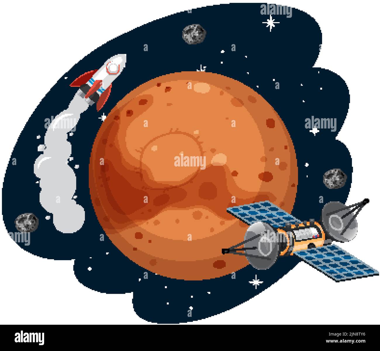 Mars planet with rocket and satellite illustration Stock Vector
