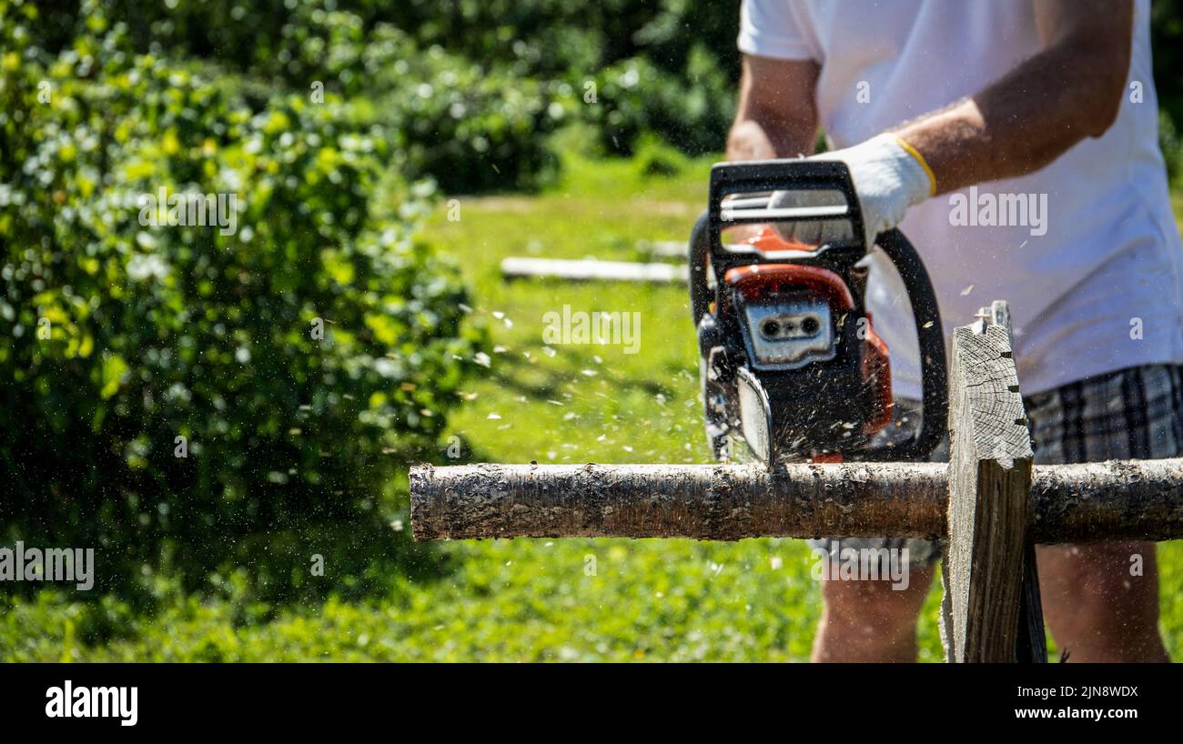 Preparing firewood for the winter. A man with a chainsaw splits logs into firewood... Stock Photo