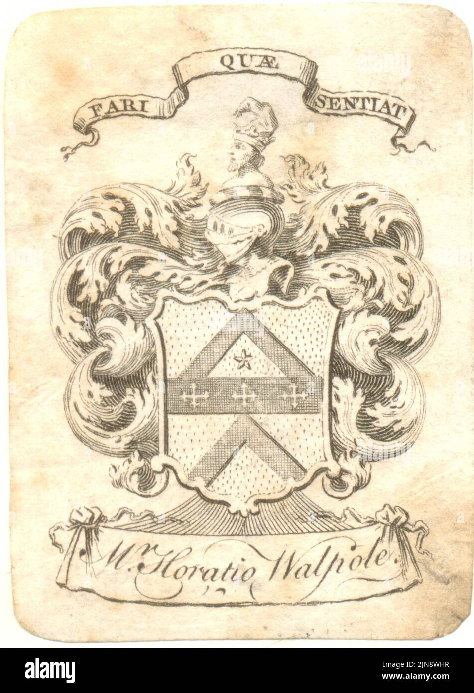 Armorial bookplate, Ex Libris, of Horace Walpole 1717-1797 Stock Photo