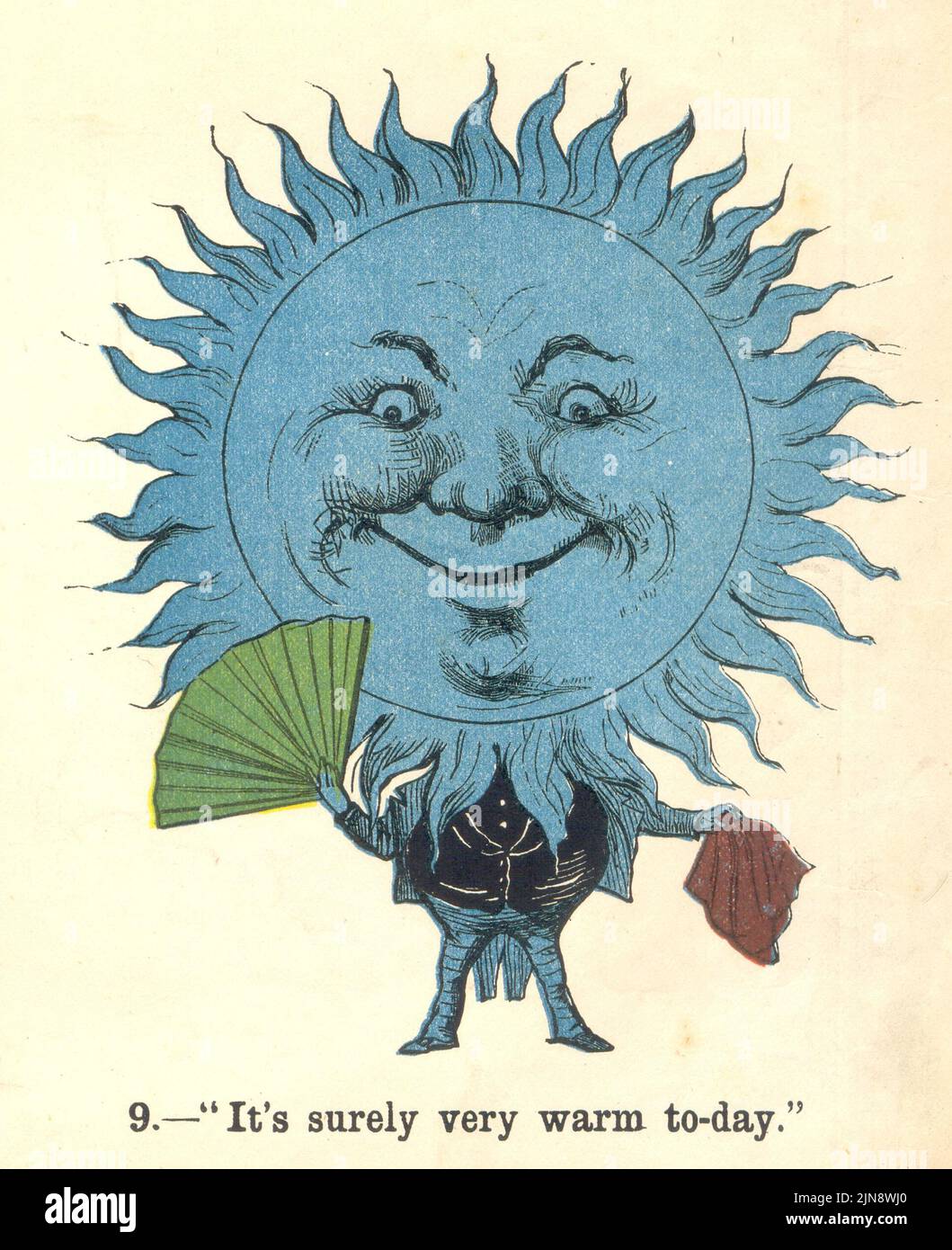 Optical puzzle Spectropia showing a hot sun  titled 'It's surely very warm to-day'  published in the Boys Own Paper December 1879 Stock Photo