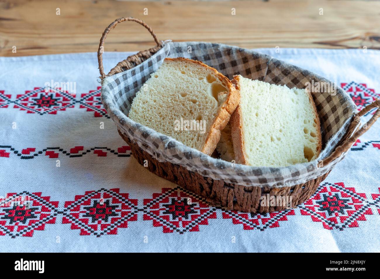 sliced bread in basket on a table cloth Stock Photo