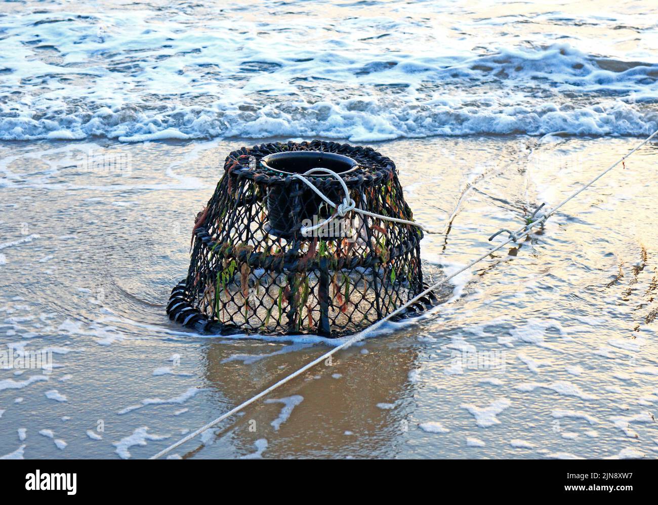 A round lobster or crab pot trap washed up on a Norfolk beach at Cart Gap, Happisburgh, Norfolk, England, United Kingdom. Stock Photo