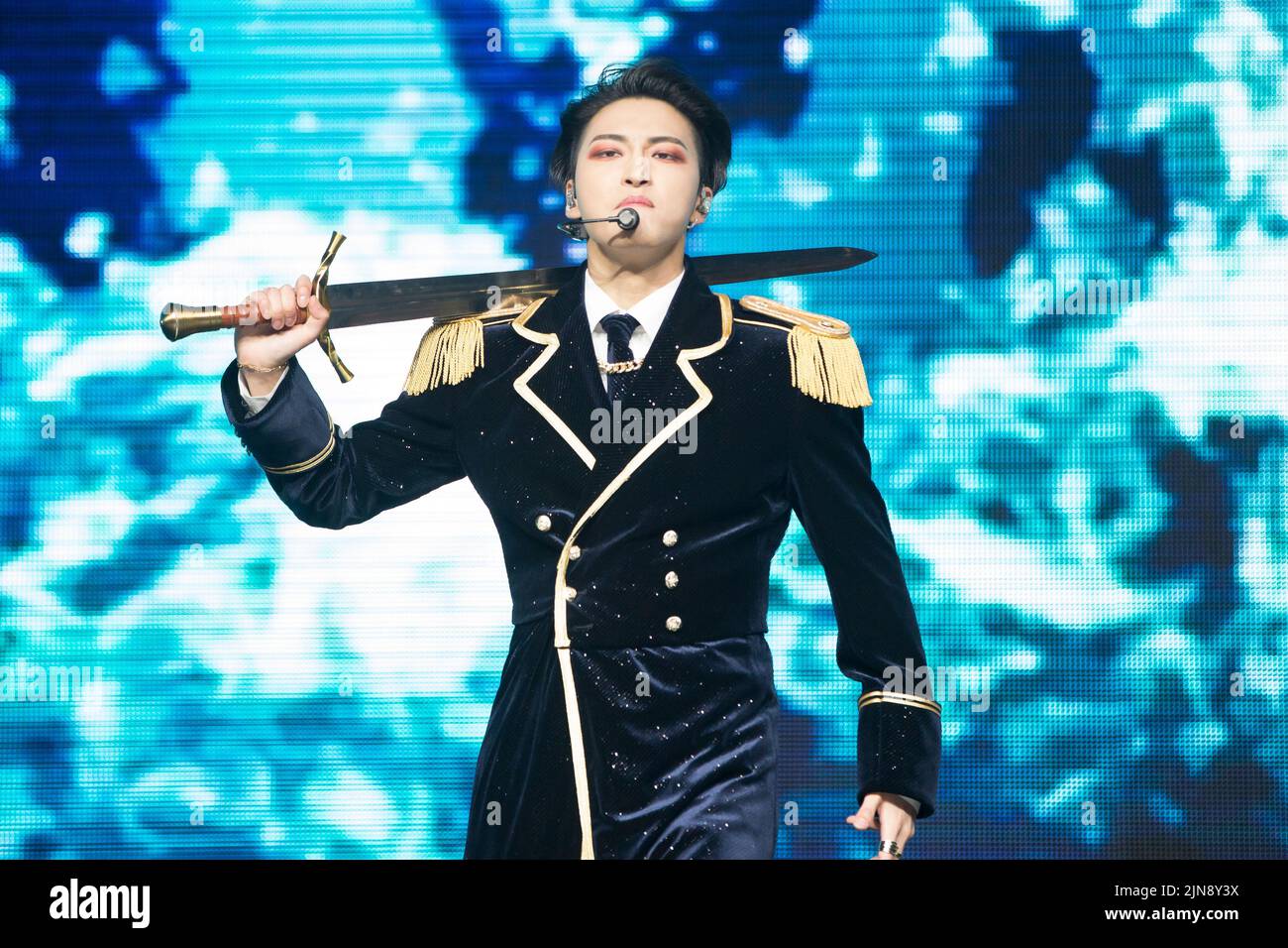 The lead vocalist of K-pop boy band ATEEZ, Choi San, performing at