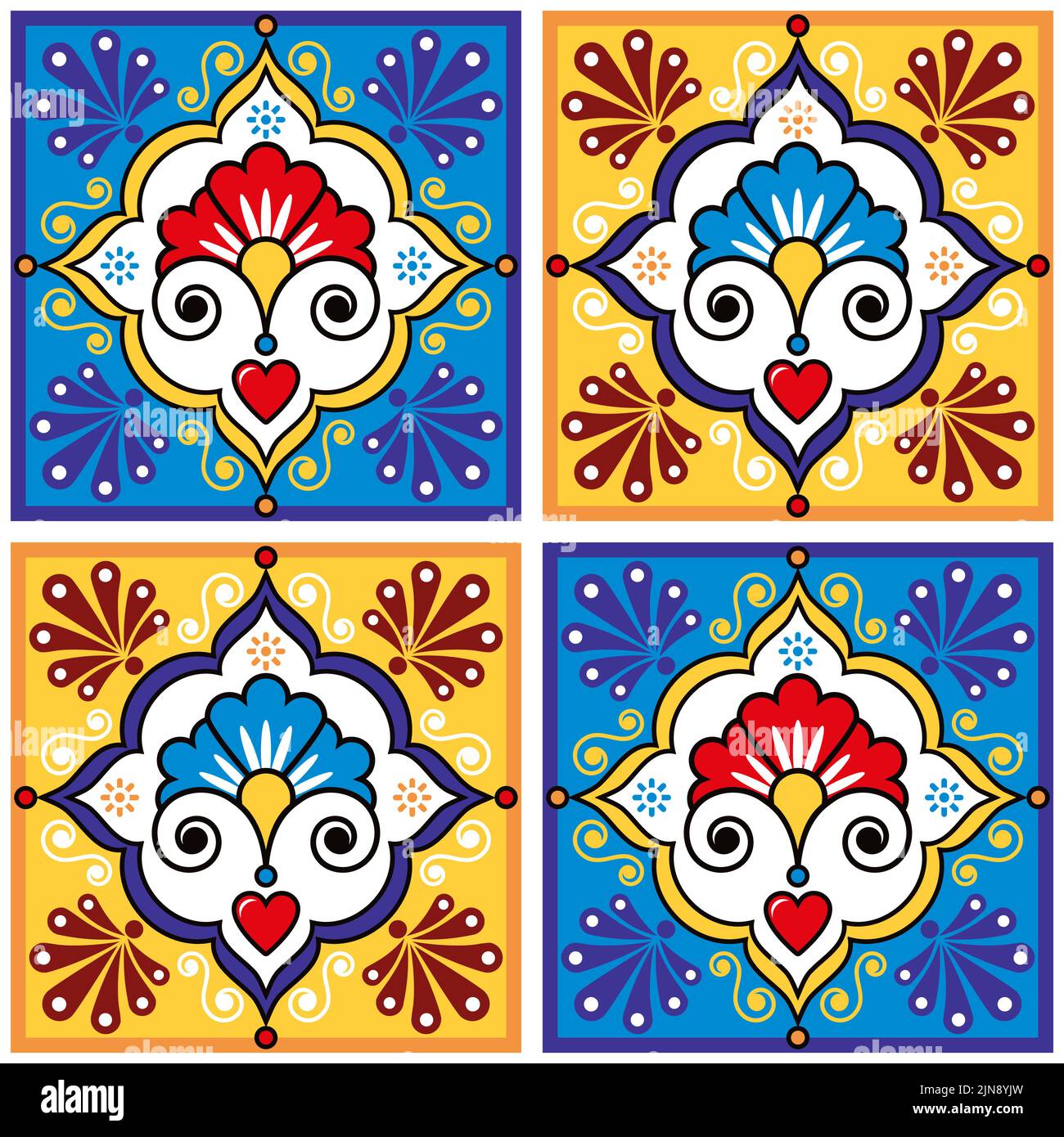 Mexican talavera ceramic tile vector seamless pattern with flowers, hearts and swirls inspired by folk art from Mexico Stock Vector