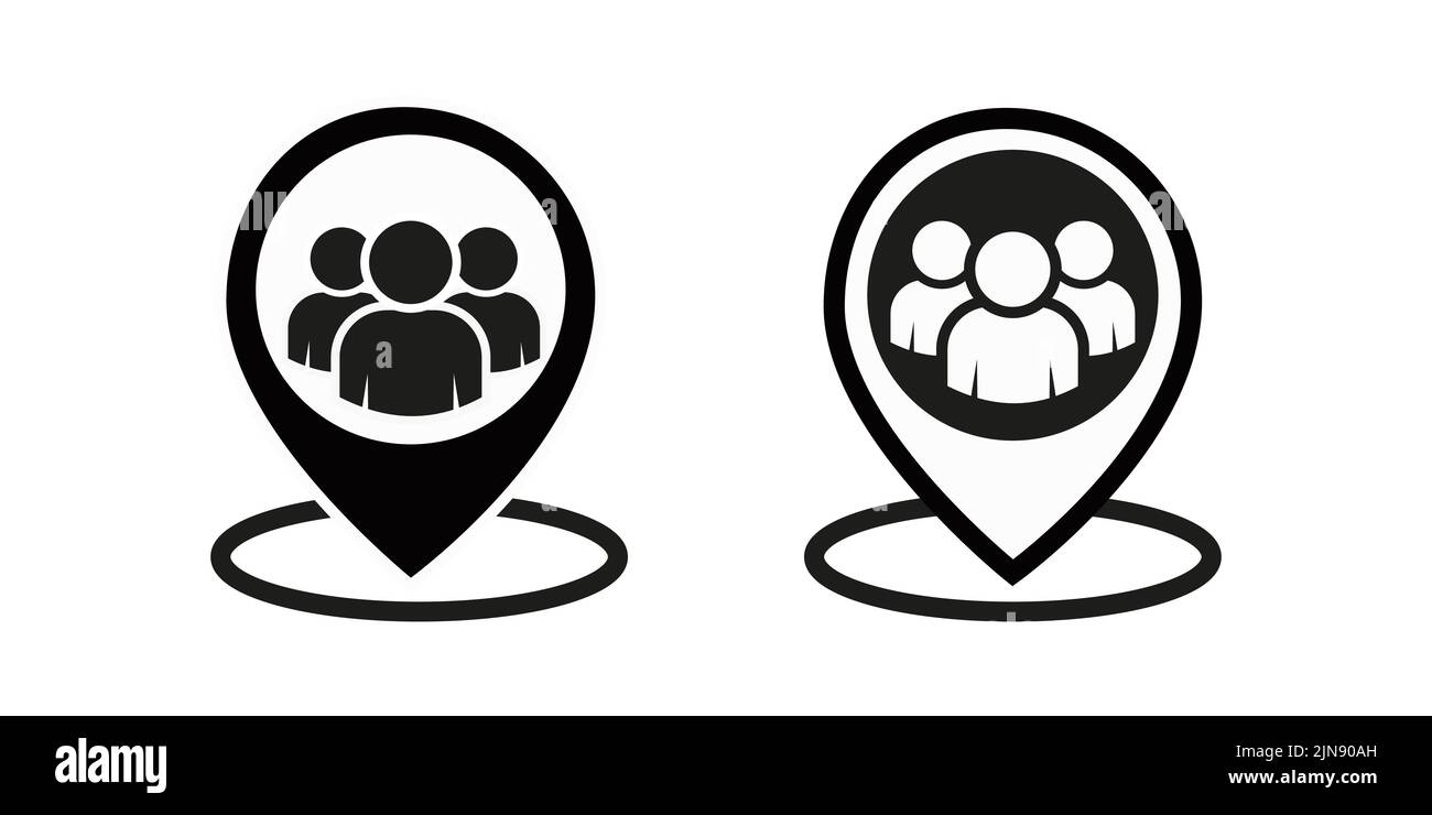 Meeting point location icon. Friends nearby. Group of people inside pinpoint. Fill vector icon Stock Vector